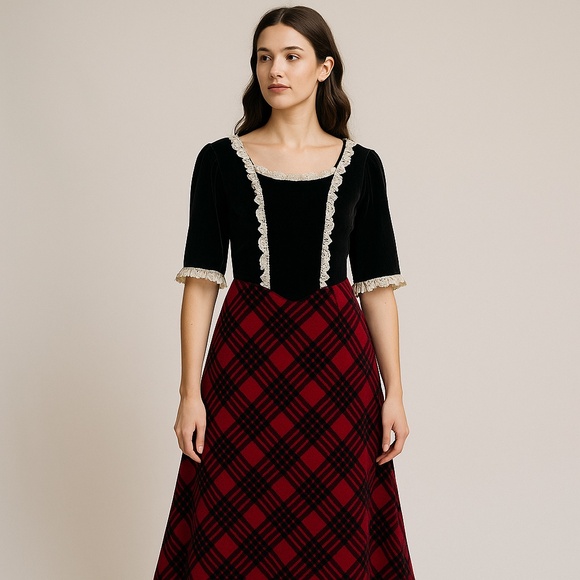HANDMADE Velvet Lace Trim Top & COLDWATER CREEK Plaid Skirt Set Scottish Holiday - Picture 2 of 14